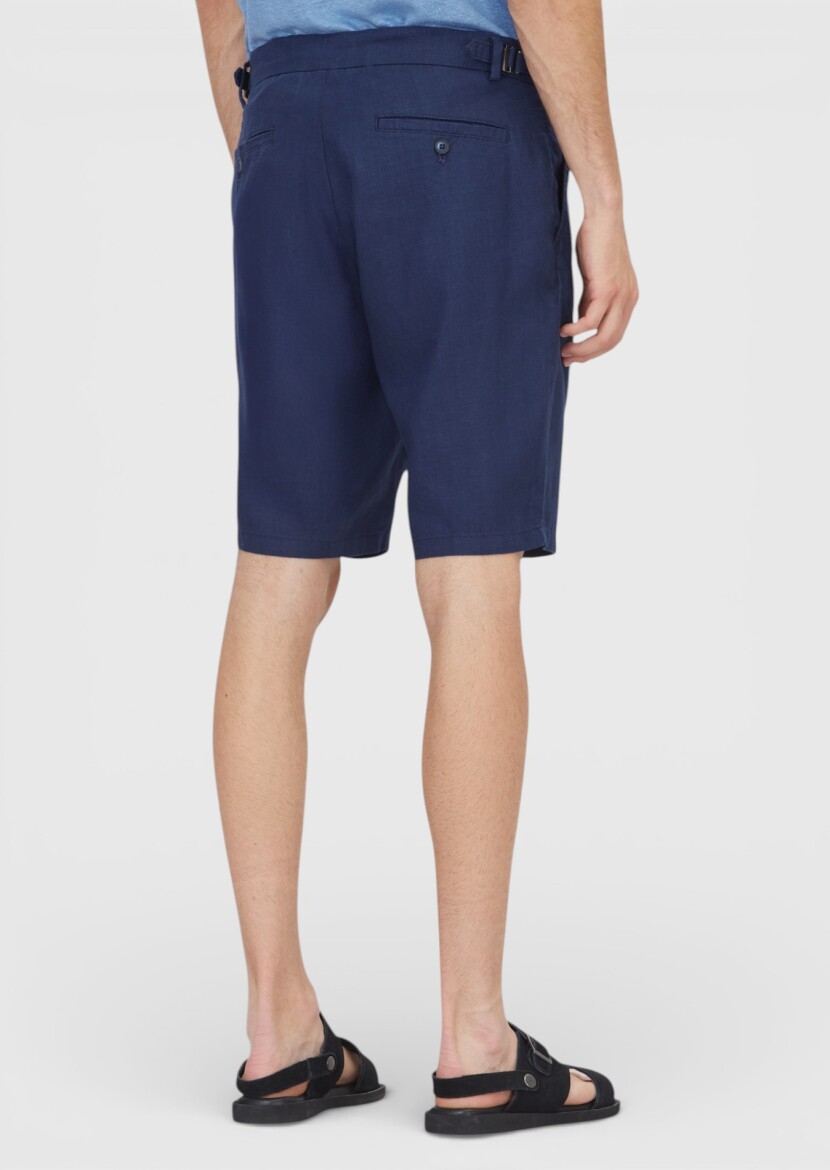 Lacivert Düz Dokuma Carrot Fit Casual %100 Keten Bermuda - 5