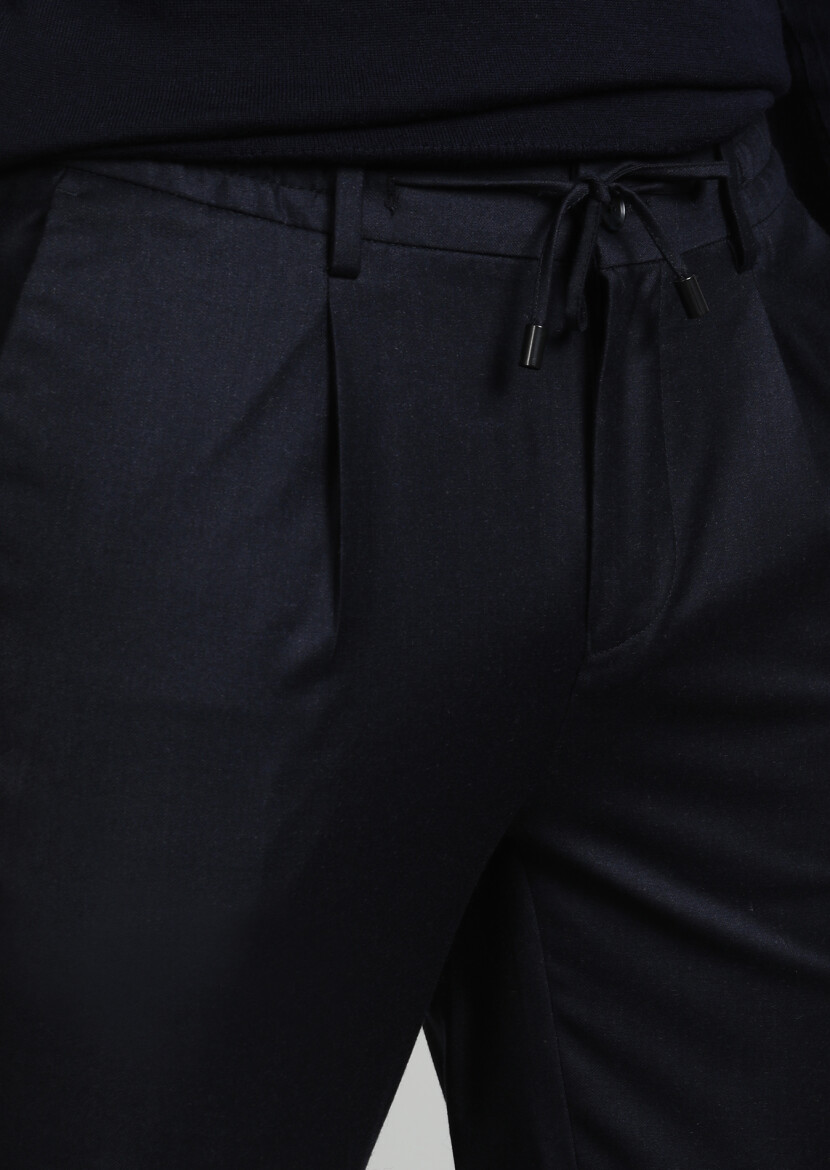Lacivert Düz Dokuma Jogging Fit Casual Yün Karışımlı Pantolon - 2