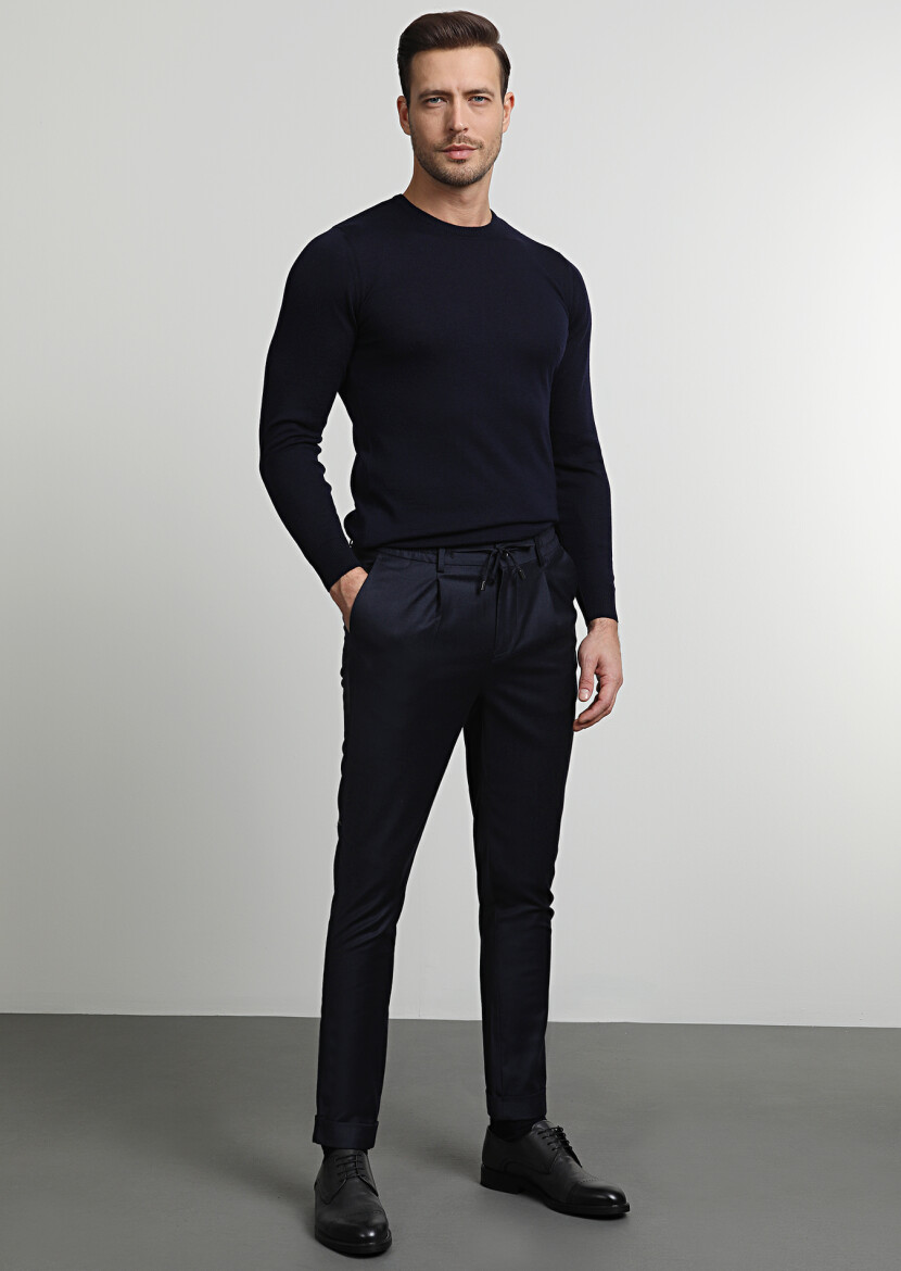 Lacivert Düz Dokuma Jogging Fit Casual Yün Karışımlı Pantolon - 3