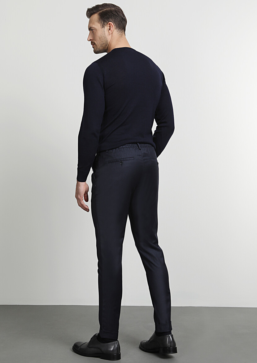 Lacivert Düz Dokuma Jogging Fit Casual Yün Karışımlı Pantolon - 4