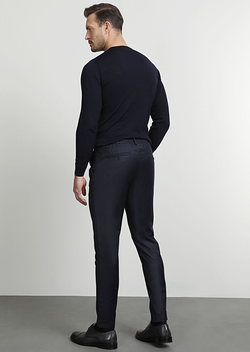 Lacivert Düz Dokuma Jogging Fit Casual Yün Karışımlı Pantolon - 4