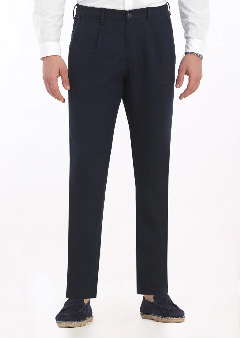 Lacivert Düz Dokuma Jogging Fit Casual %100 Keten Pantolon 