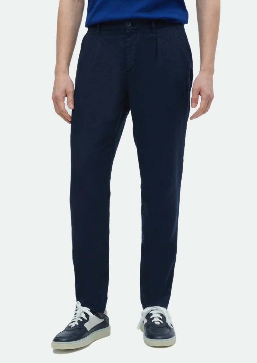 Lacivert Düz Dokuma Jogging Fit Casual %100 Keten Pantolon 