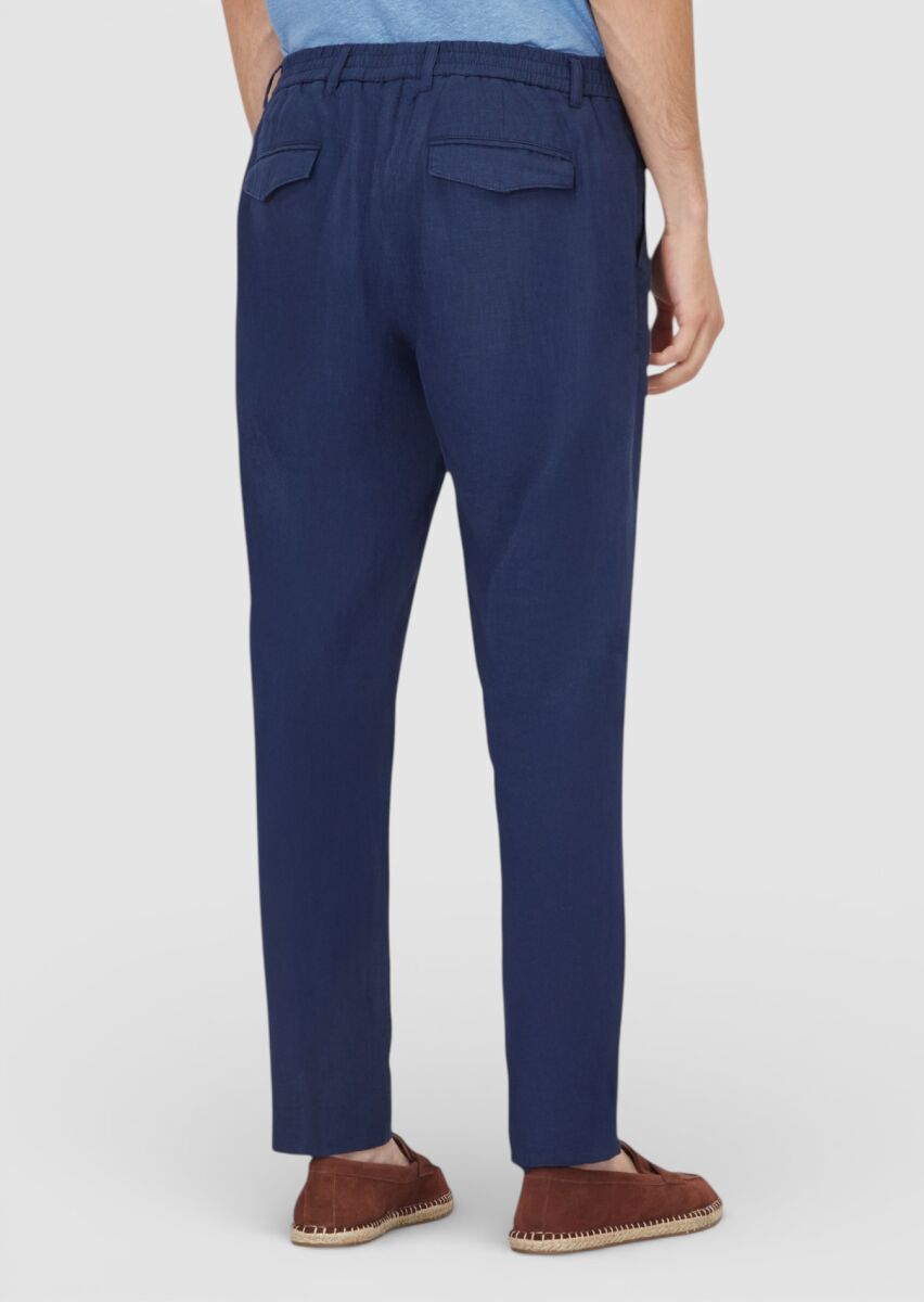 Lacivert Düz Dokuma Jogging Fit Casual %100 Keten Pantolon - 5