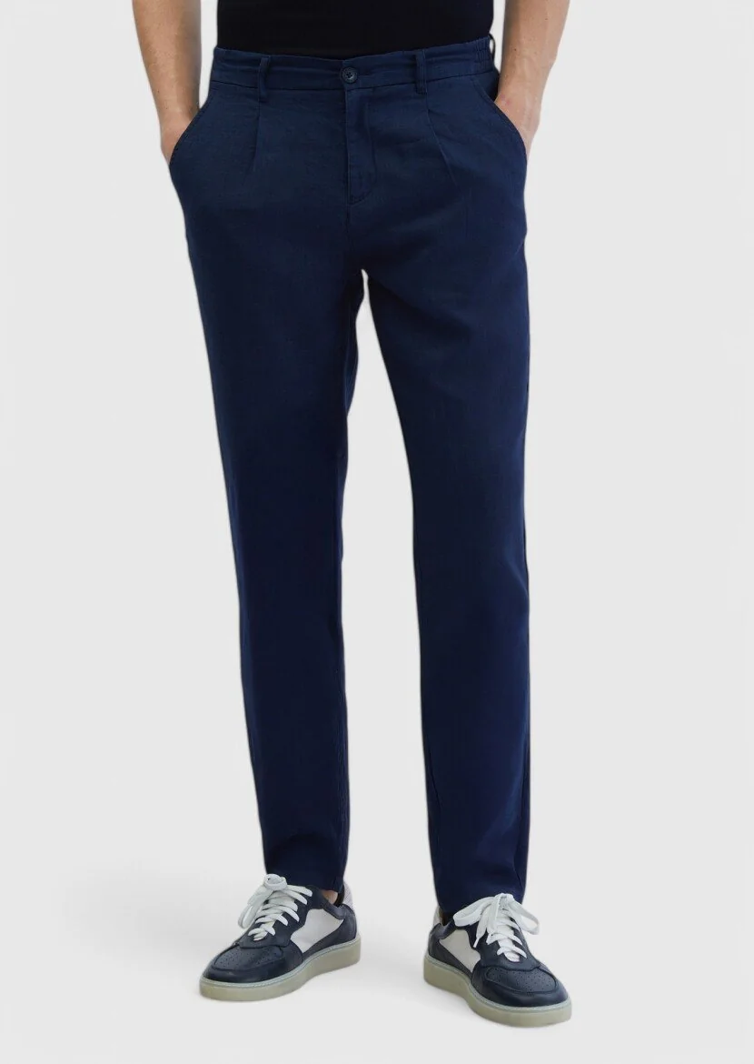 Lacivert Düz Dokuma Jogging Fit Casual %100 Keten Pantolon 