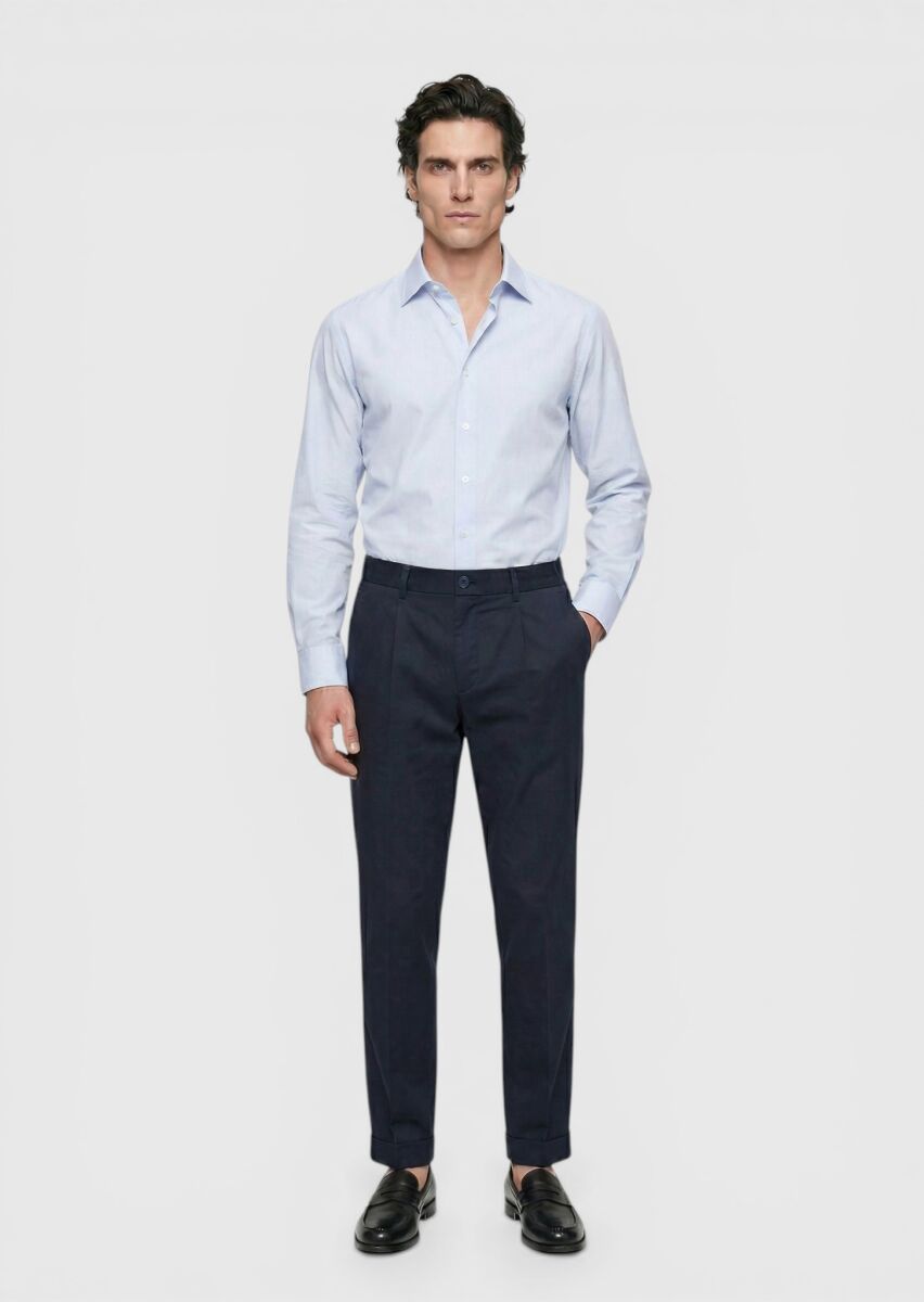 Lacivert Düz Dokuma Jogging Fit Casual İpek Karışımlı Pantolon - 1