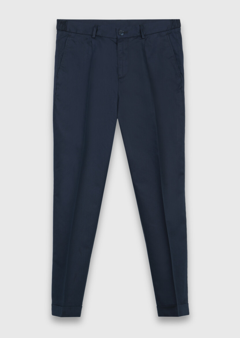 Lacivert Düz Dokuma Jogging Fit Casual İpek Karışımlı Pantolon - 5