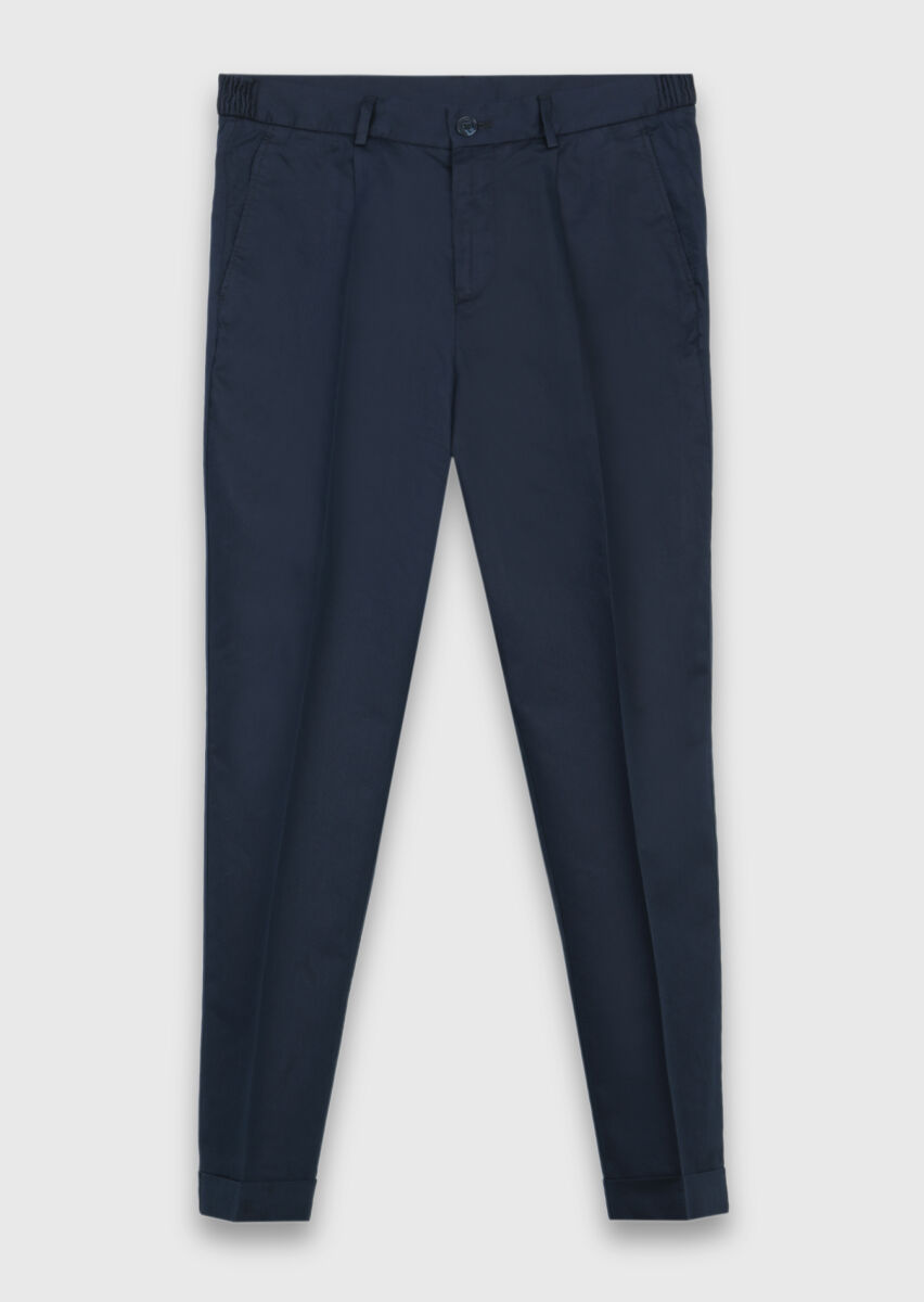 Lacivert Düz Dokuma Jogging Fit Casual İpek Karışımlı Pantolon - 5