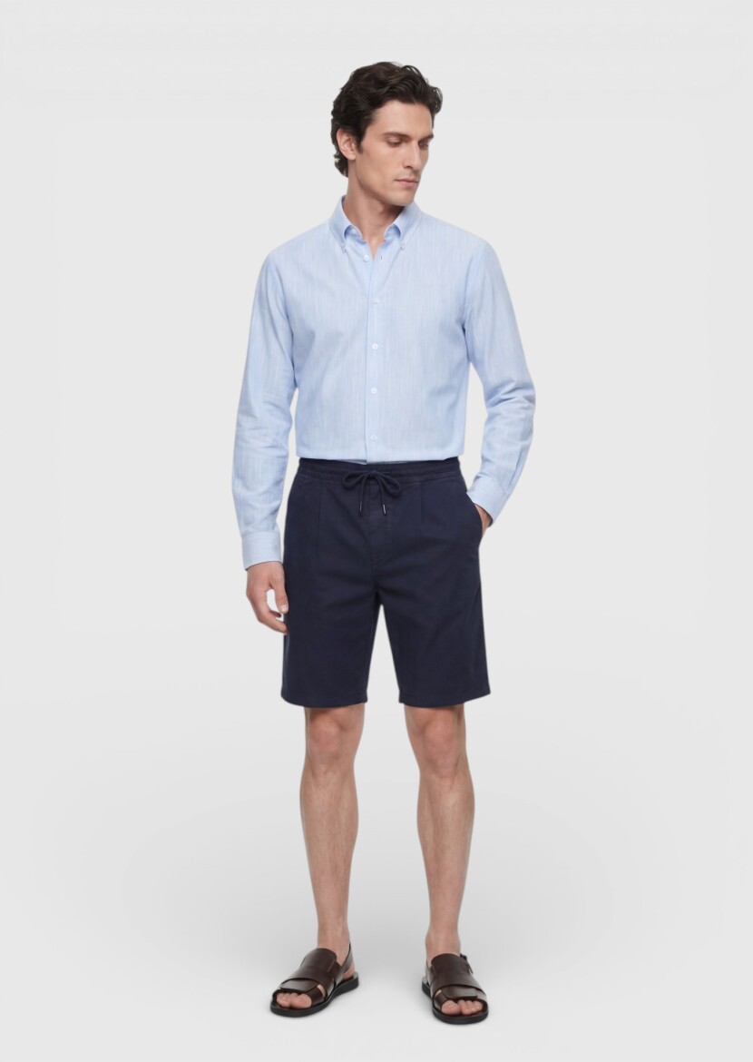 Lacivert Düz Dokuma Jogging Fit Casual Keten Karışımlı Bermuda - 1