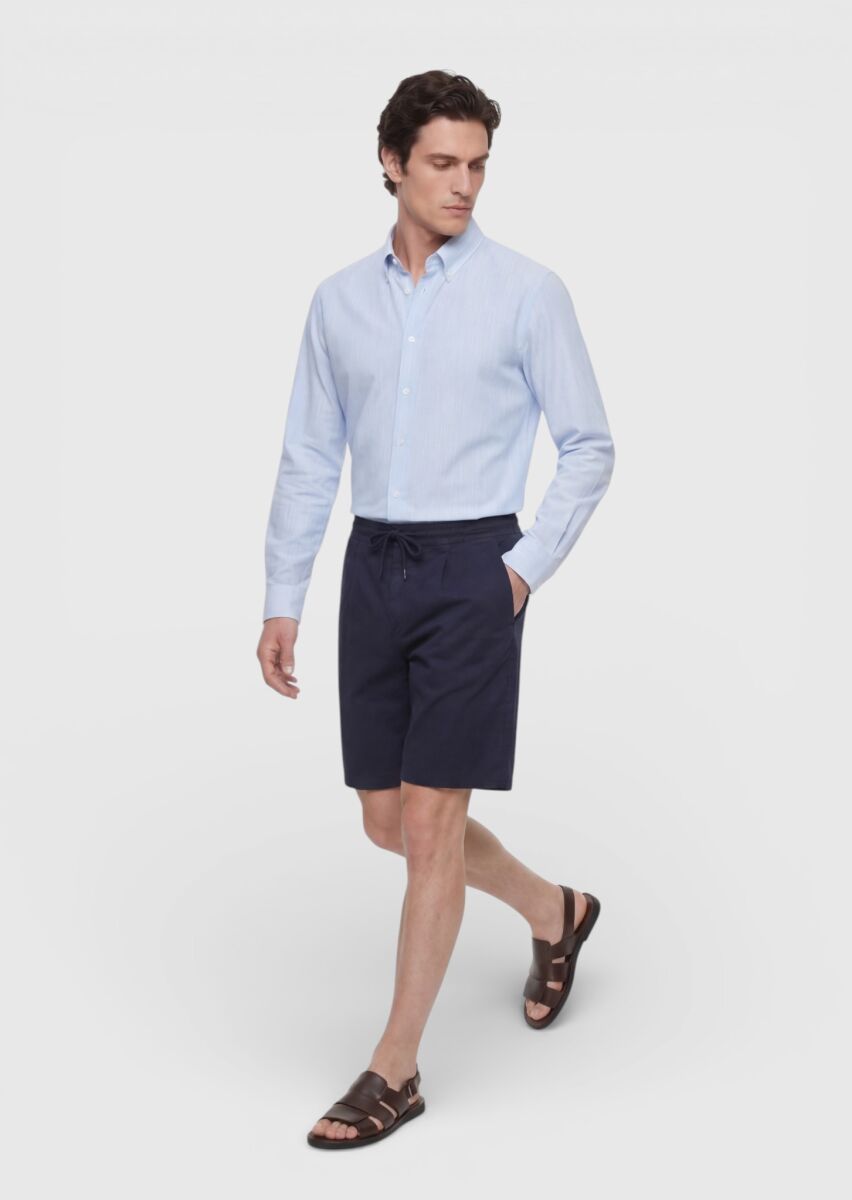 Lacivert Düz Dokuma Jogging Fit Casual Keten Karışımlı Bermuda - 3