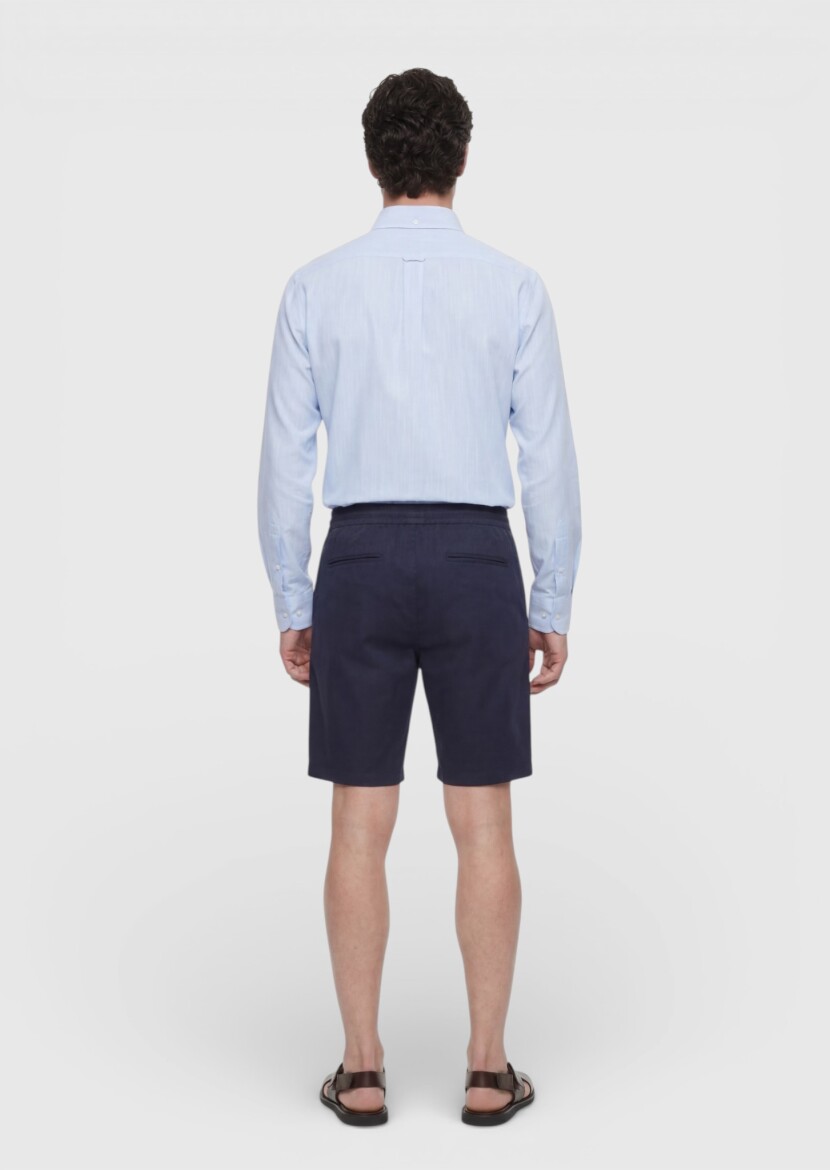 Lacivert Düz Dokuma Jogging Fit Casual Keten Karışımlı Bermuda - 4