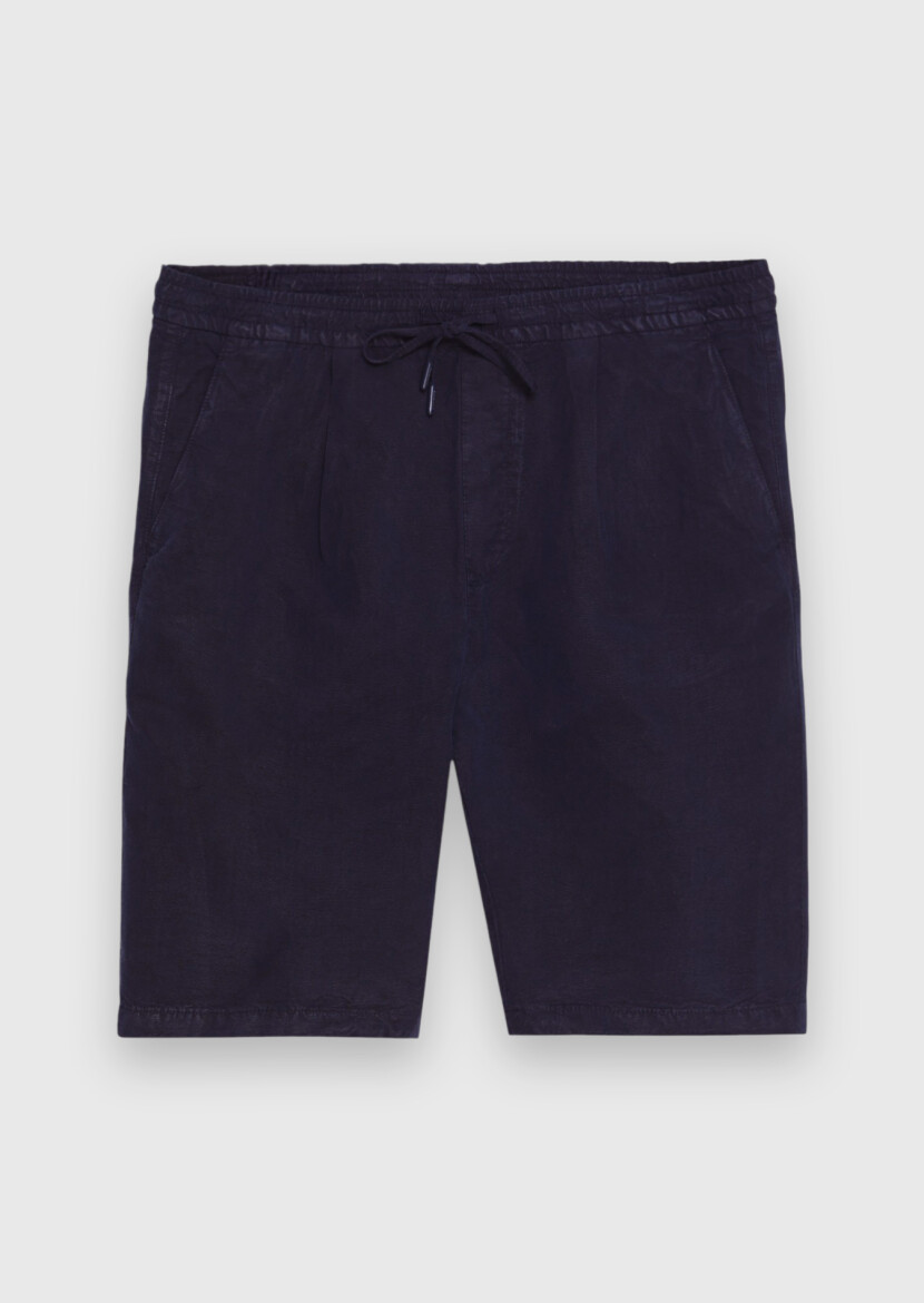 Lacivert Düz Dokuma Jogging Fit Casual Keten Karışımlı Bermuda - 5