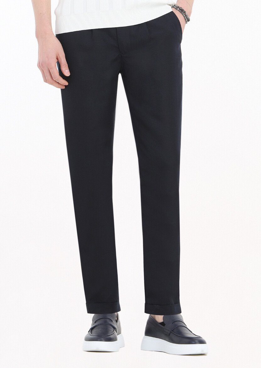 Lacivert Düz Dokuma Jogging Fit Casual Keten Karışımlı Pantolon 