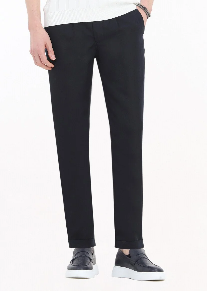 Lacivert Düz Dokuma Jogging Fit Casual Keten Karışımlı Pantolon - 2