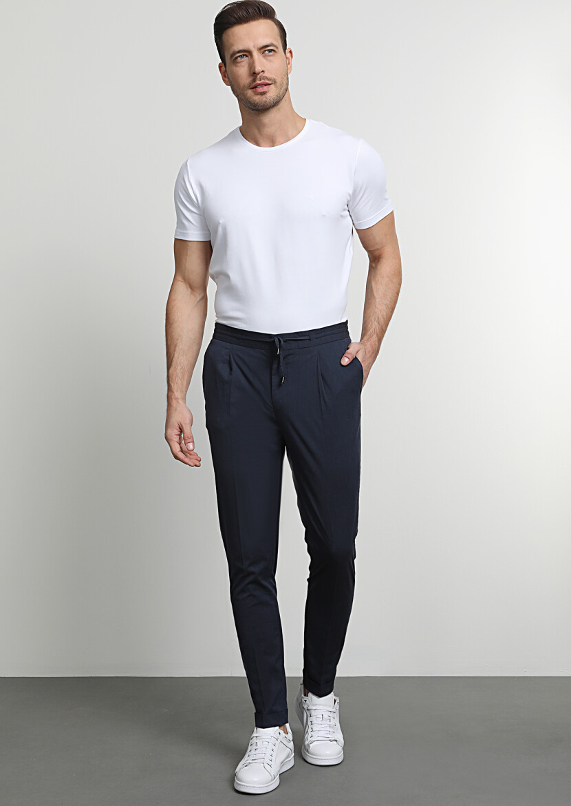 Lacivert Düz Dokuma Jogging Fit Casual Pamuk Karışımlı Pantolon - 3