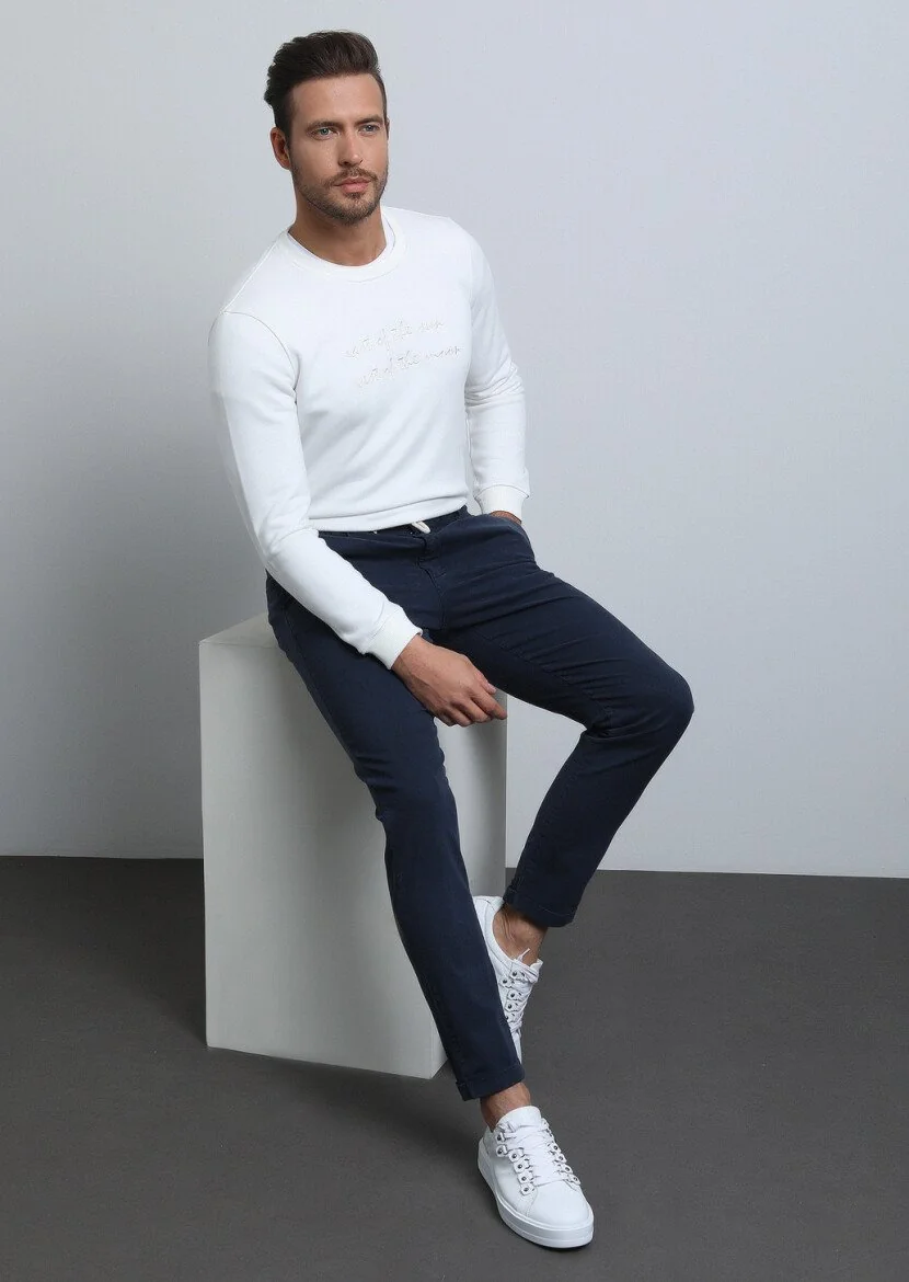 Lacivert Düz Dokuma Jogging Fit Casual Pamuk Karışımlı Pantolon - 4