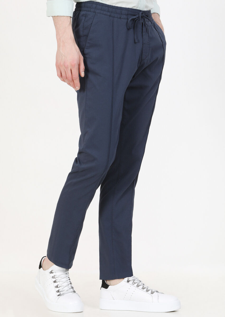 Lacivert Düz Dokuma Jogging Fit Casual Pamuk Karışımlı Pantolon - 4