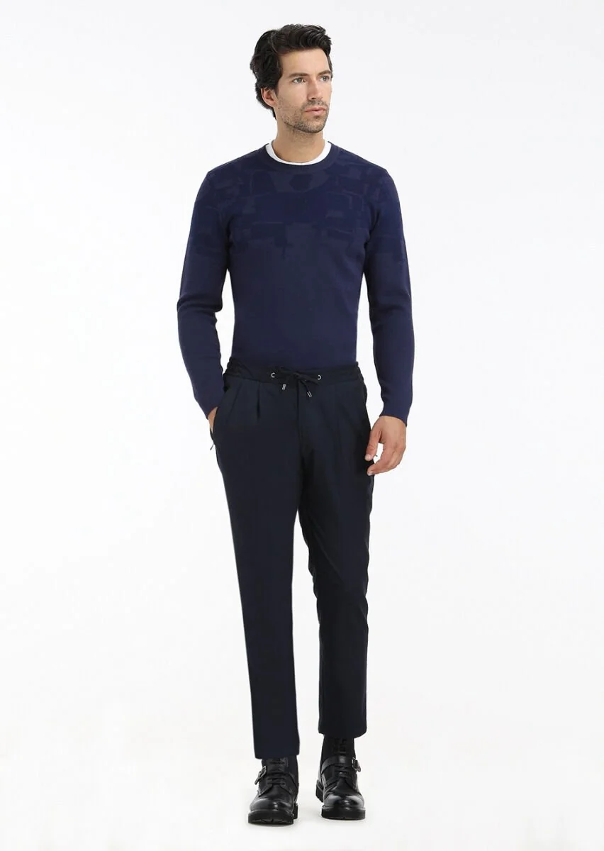 Lacivert Düz Dokuma Jogging Fit Casual Pantolon - 1