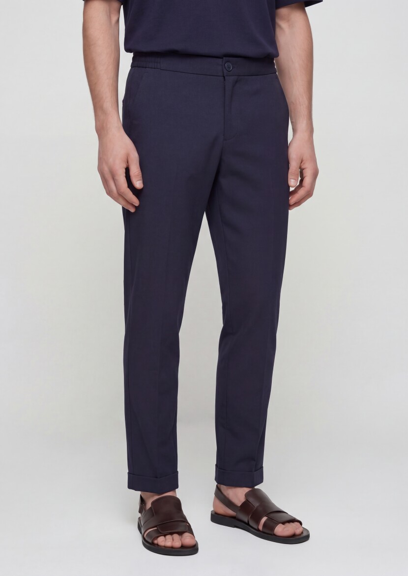 Lacivert Düz Dokuma Jogging Fit Casual Pantolon - 2
