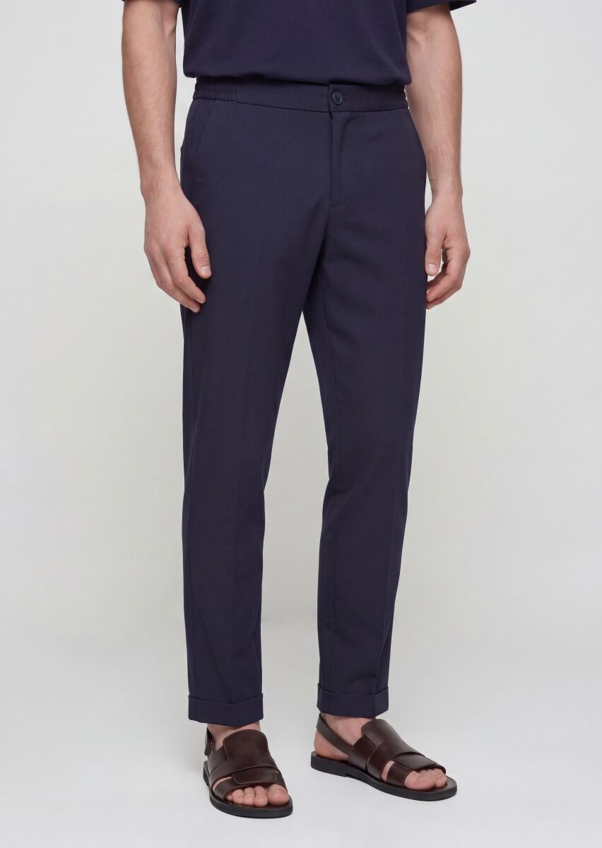Lacivert Düz Dokuma Jogging Fit Casual Pantolon - 2