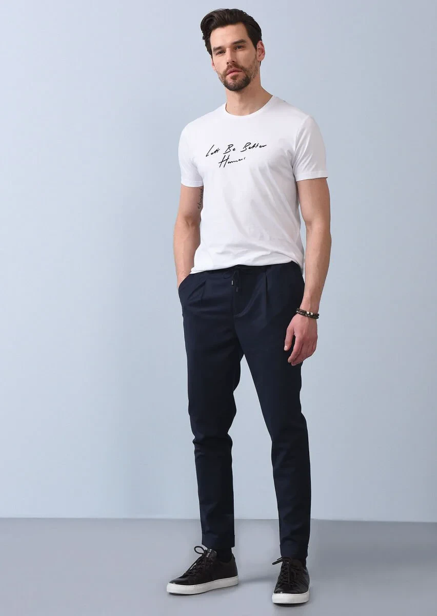 Lacivert Düz Dokuma Jogging Fit Casual Yün Karışımlı Pantolon - 1