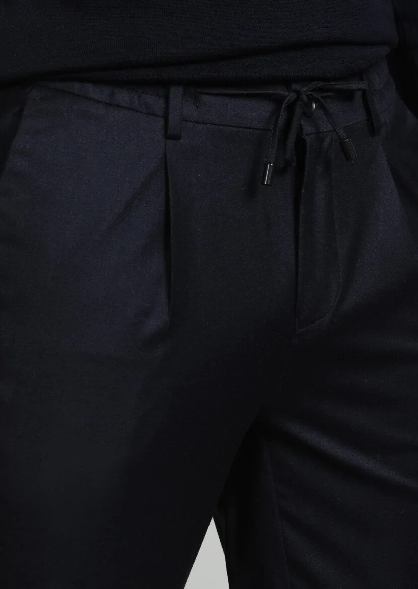 Lacivert Düz Dokuma Jogging Fit Casual Yün Karışımlı Pantolon - 2