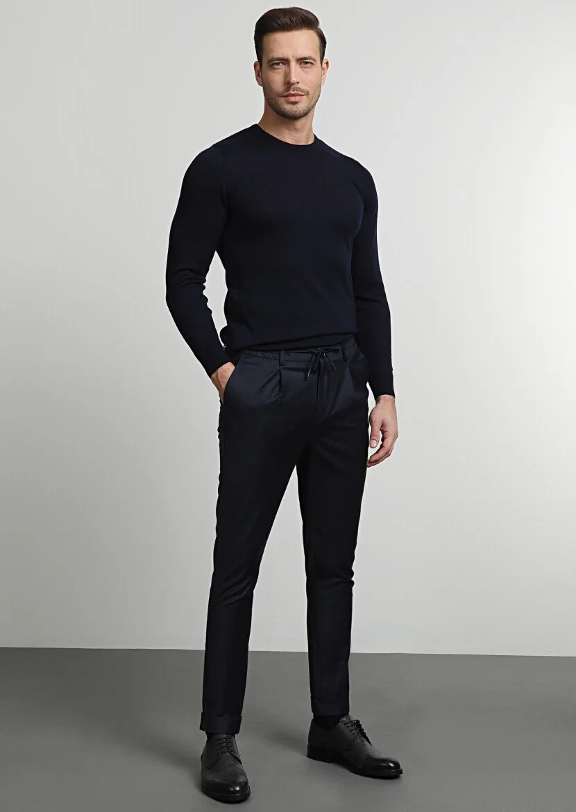 Lacivert Düz Dokuma Jogging Fit Casual Yün Karışımlı Pantolon - 3