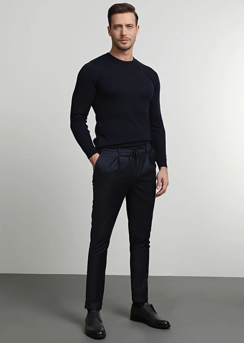 Lacivert Düz Dokuma Jogging Fit Casual Yün Karışımlı Pantolon - 3