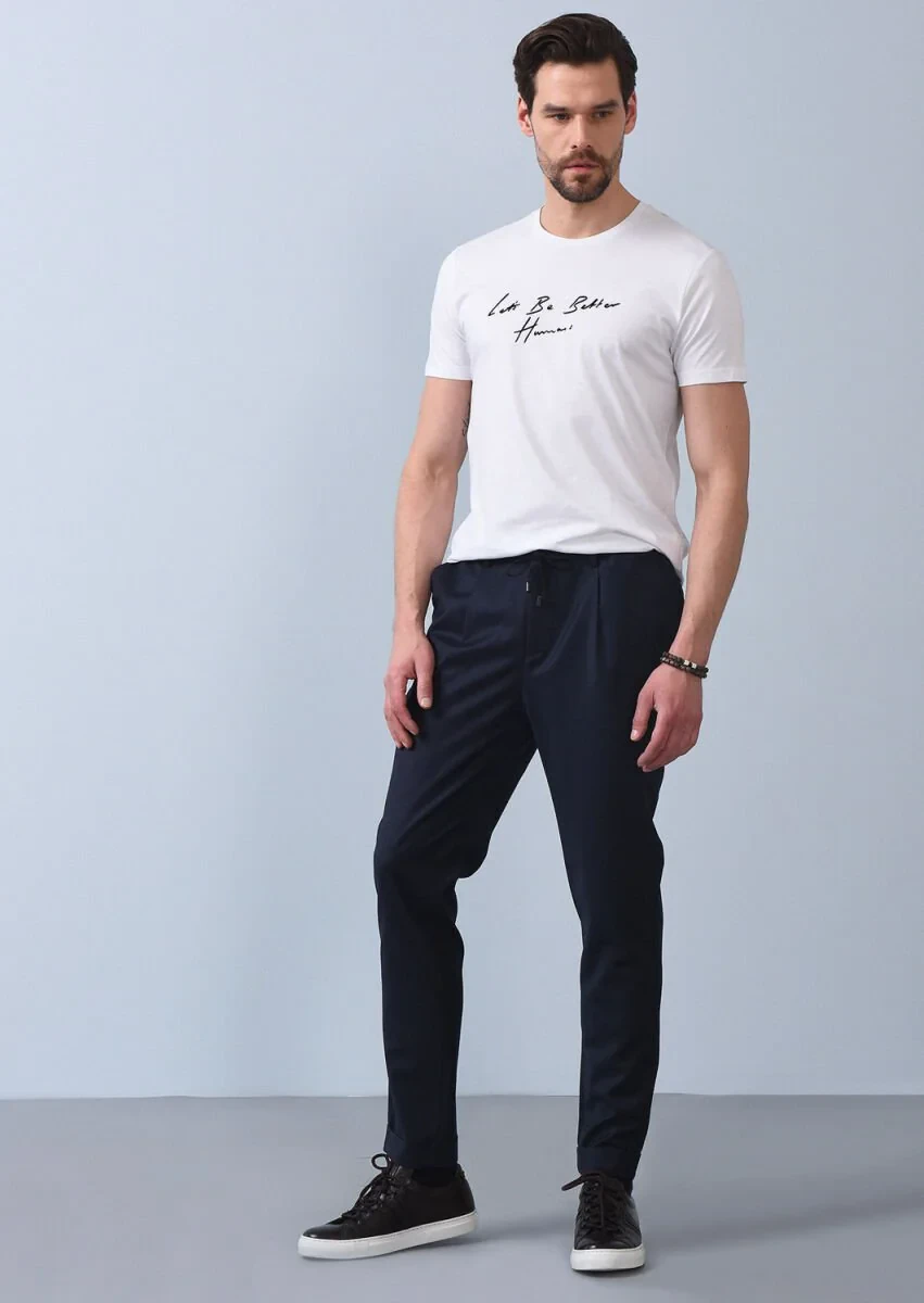 Lacivert Düz Dokuma Jogging Fit Casual Yün Karışımlı Pantolon - 4