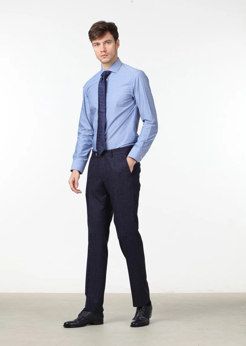 Lacivert Düz Dokuma Modern Fit Klasik İpek Karışımlı Pantolon - 1