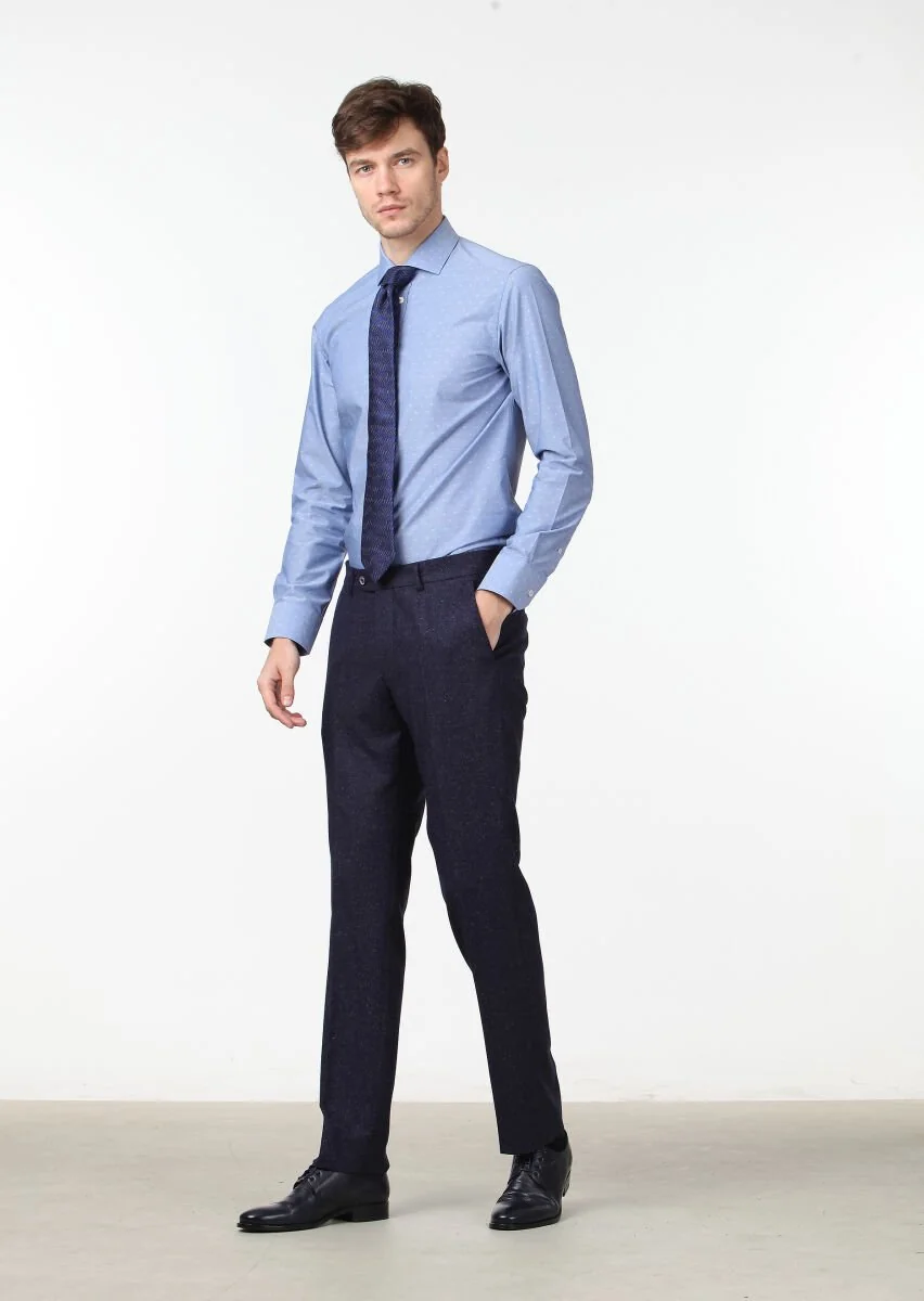Lacivert Düz Dokuma Modern Fit Klasik İpek Karışımlı Pantolon - 1
