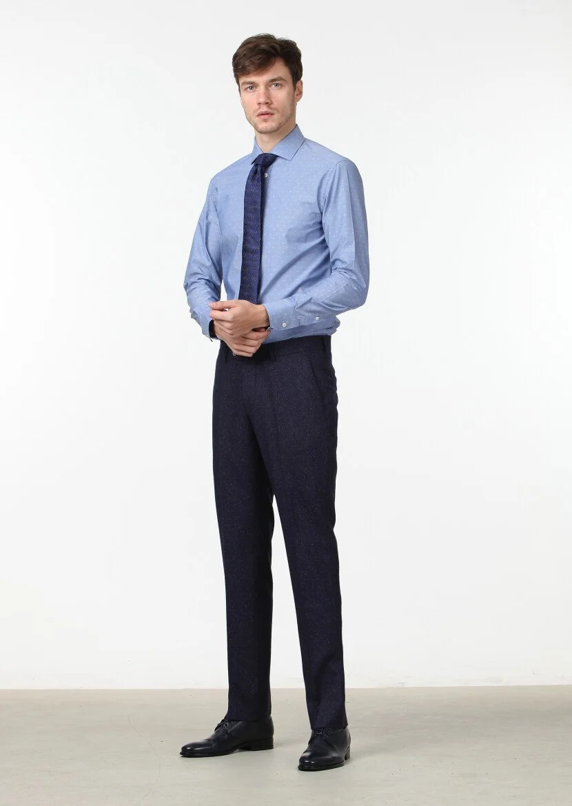 Lacivert Düz Dokuma Modern Fit Klasik İpek Karışımlı Pantolon 