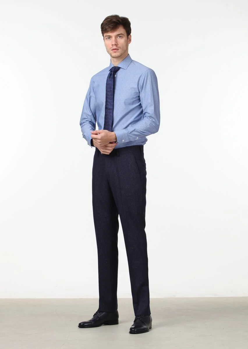 Lacivert Düz Dokuma Modern Fit Klasik İpek Karışımlı Pantolon - 2