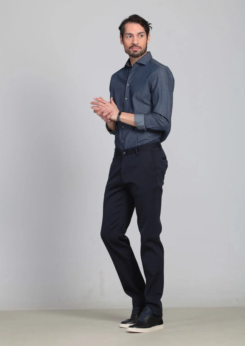 Lacivert Düz Dokuma Regular Fit Casual %100 Pamuk Pantolon - 3