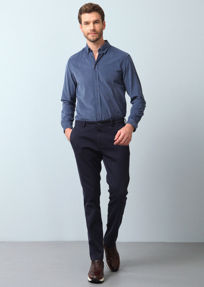 Lacivert Düz Dokuma Regular Fit Casual %100 Pamuk Pantolon - 4