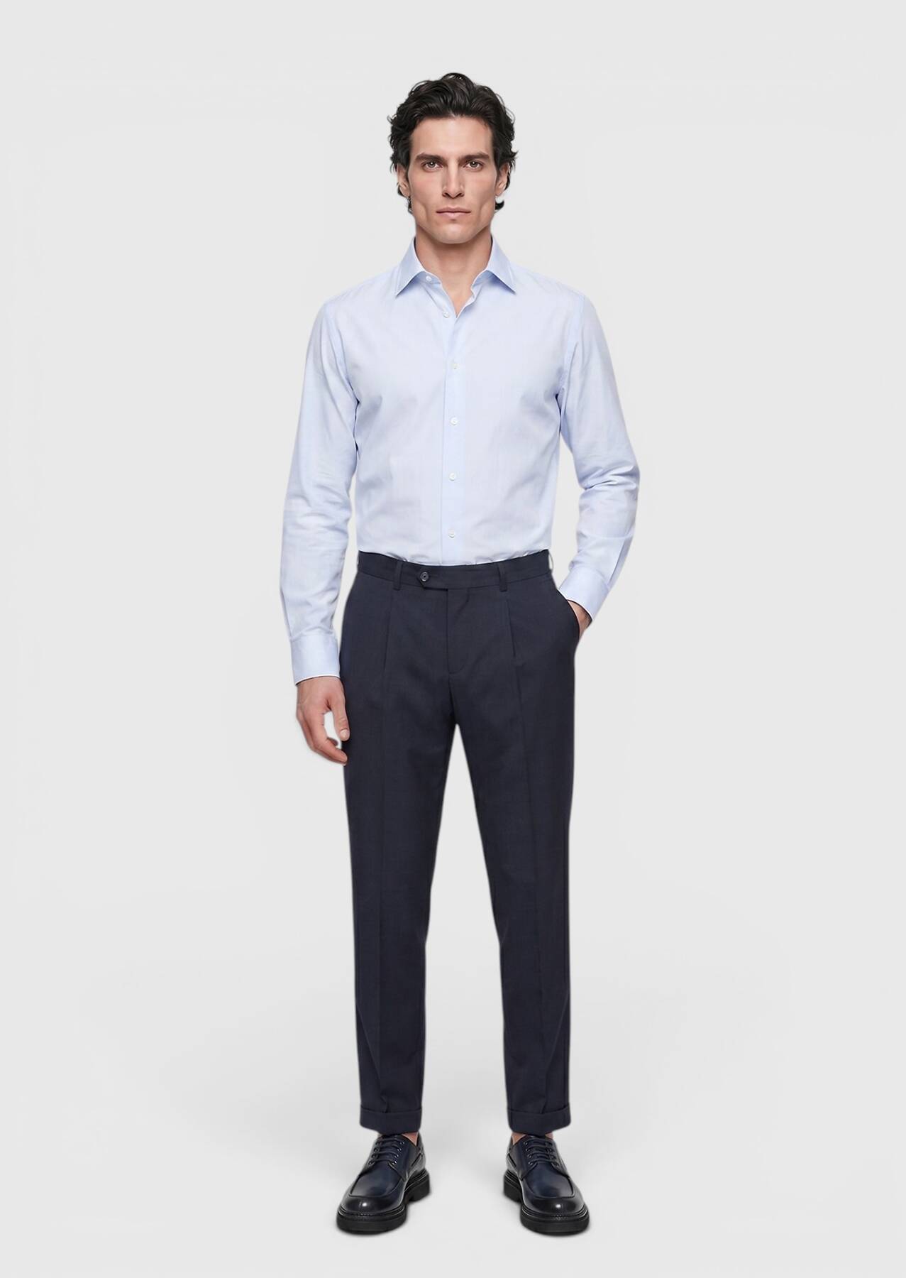 Lacivert Düz Dokuma Regular Fit Casual %100 Yün Pantolon