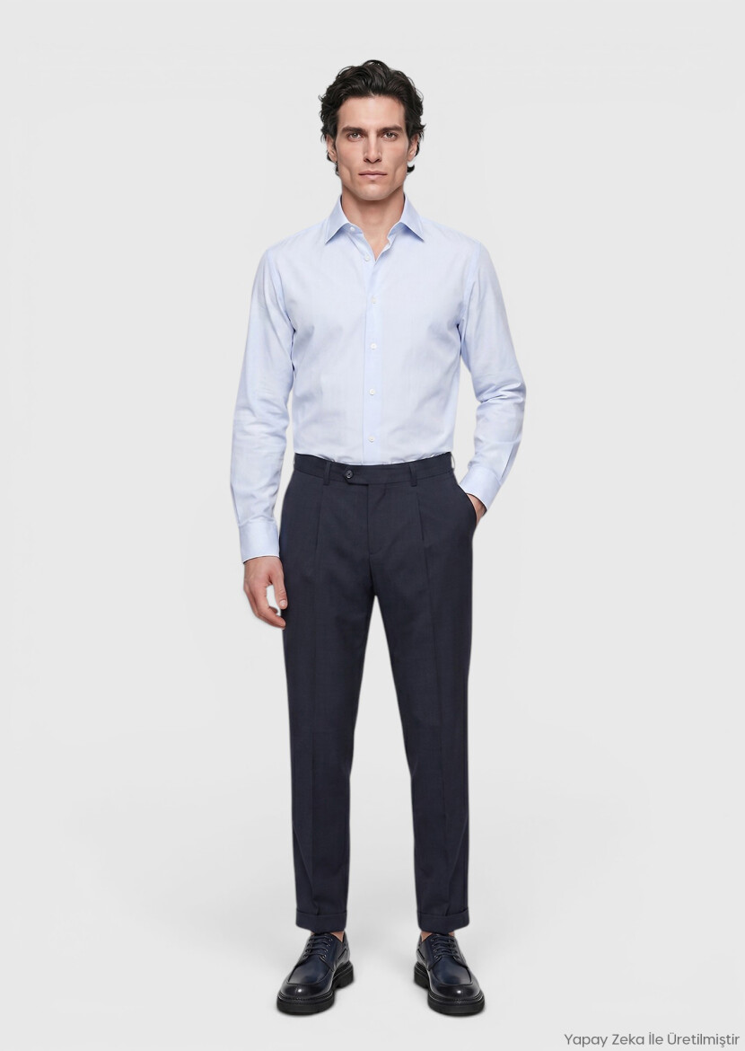 Lacivert Düz Dokuma Regular Fit Casual %100 Yün Pantolon 