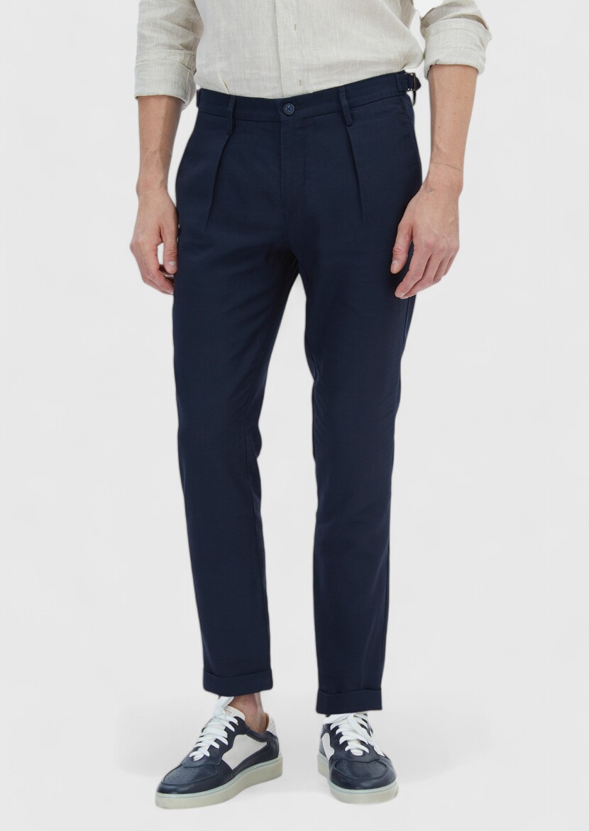 Lacivert Düz Dokuma Regular Fit Casual Keten Karışımlı Pantolon 