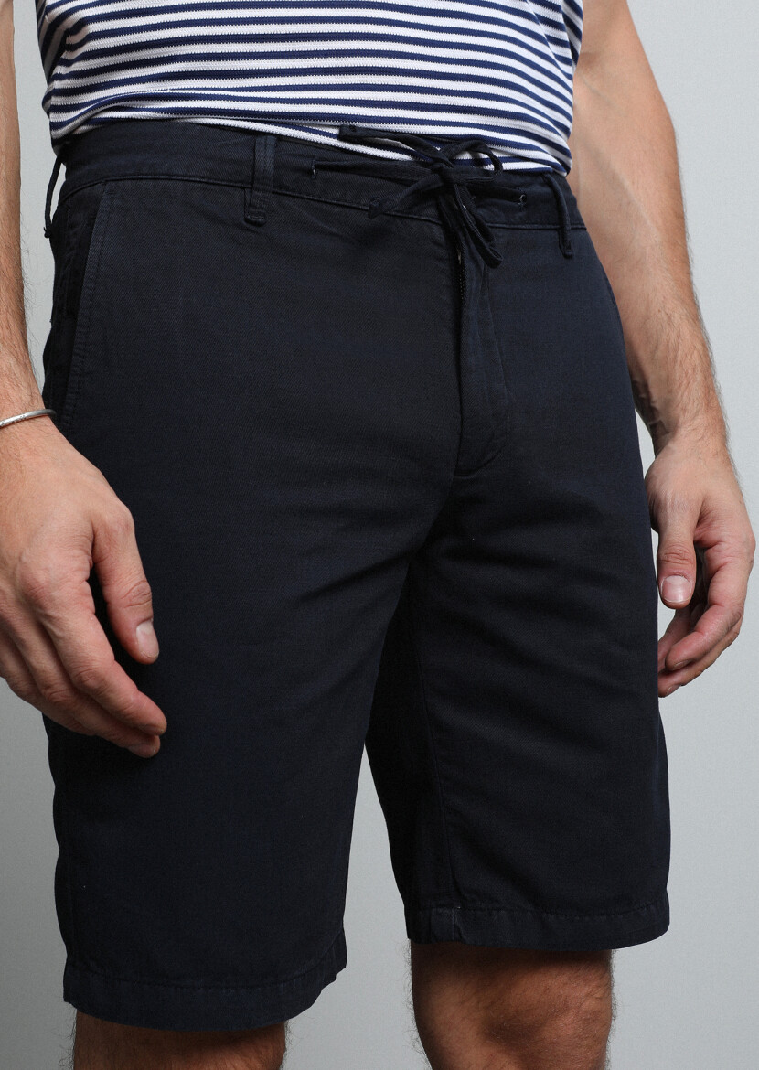 Lacivert Düz Dokuma Regular Fit Casual Pamuk Karışımlı Bermuda - 3