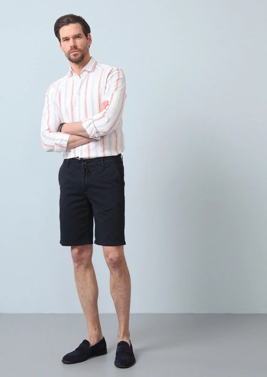Lacivert Düz Dokuma Regular Fit Casual Pamuk Karışımlı Bermuda - 1