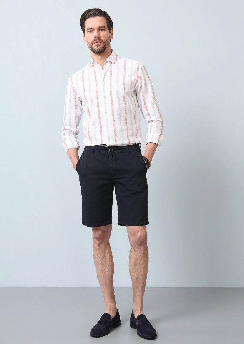 Lacivert Düz Dokuma Regular Fit Casual Pamuk Karışımlı Bermuda - 3