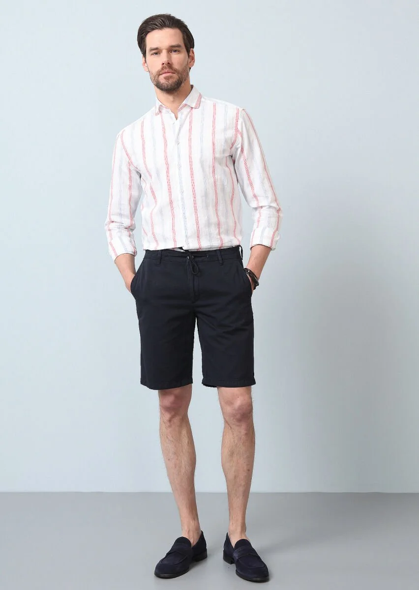 Lacivert Düz Dokuma Regular Fit Casual Pamuk Karışımlı Bermuda - 3