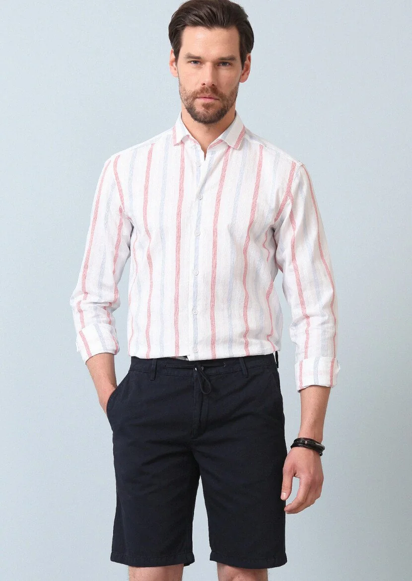 Lacivert Düz Dokuma Regular Fit Casual Pamuk Karışımlı Bermuda - 4