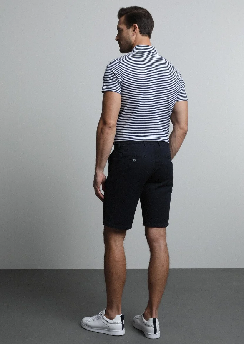 Lacivert Düz Dokuma Regular Fit Casual Pamuk Karışımlı Bermuda - 5