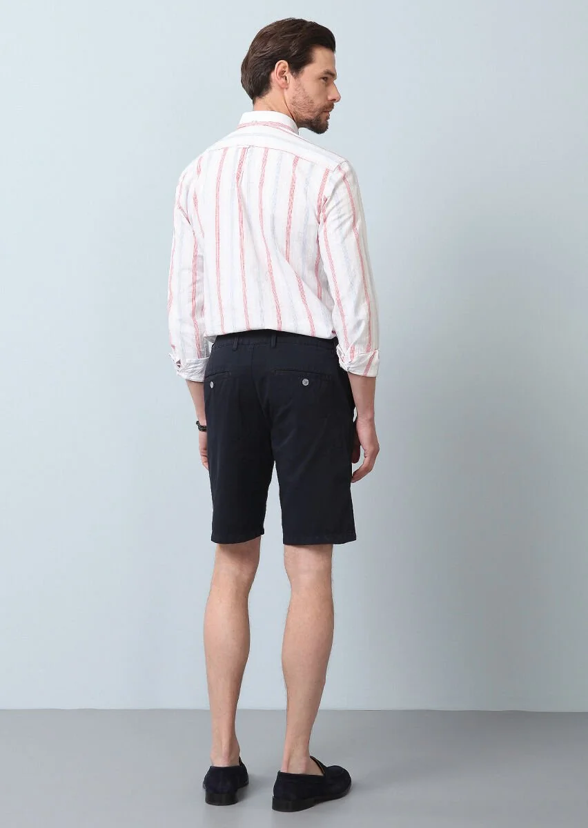 Lacivert Düz Dokuma Regular Fit Casual Pamuk Karışımlı Bermuda - 6