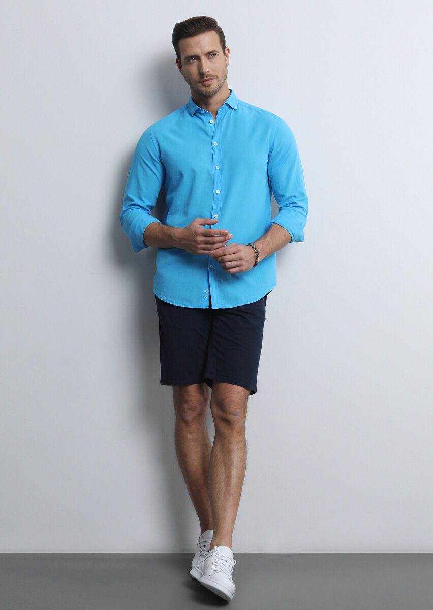 Lacivert Düz Dokuma Regular Fit Casual Pamuk Karışımlı Bermuda - 2