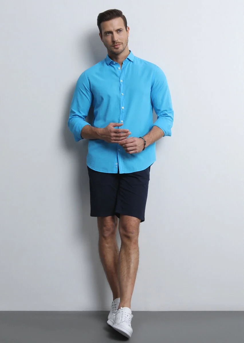 Lacivert Düz Dokuma Regular Fit Casual Pamuk Karışımlı Bermuda - 2
