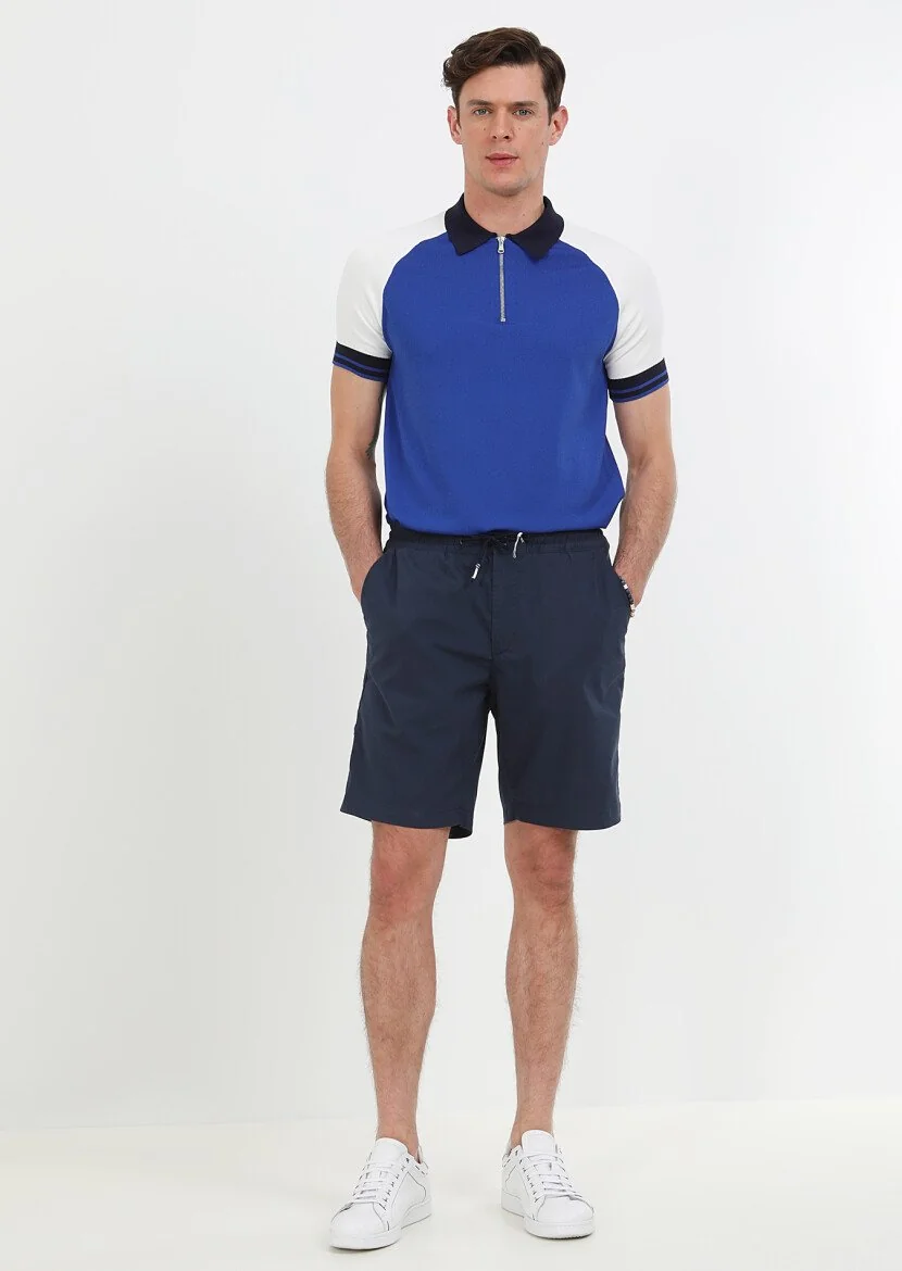 Lacivert Düz Dokuma Regular Fit Casual Pamuk Karışımlı Bermuda - 1