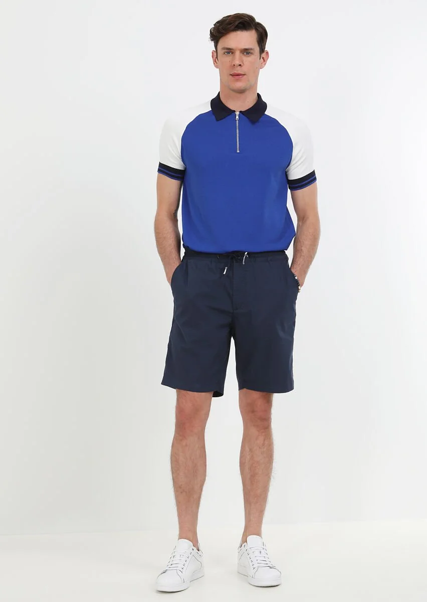 Lacivert Düz Dokuma Regular Fit Casual Pamuk Karışımlı Bermuda - 1