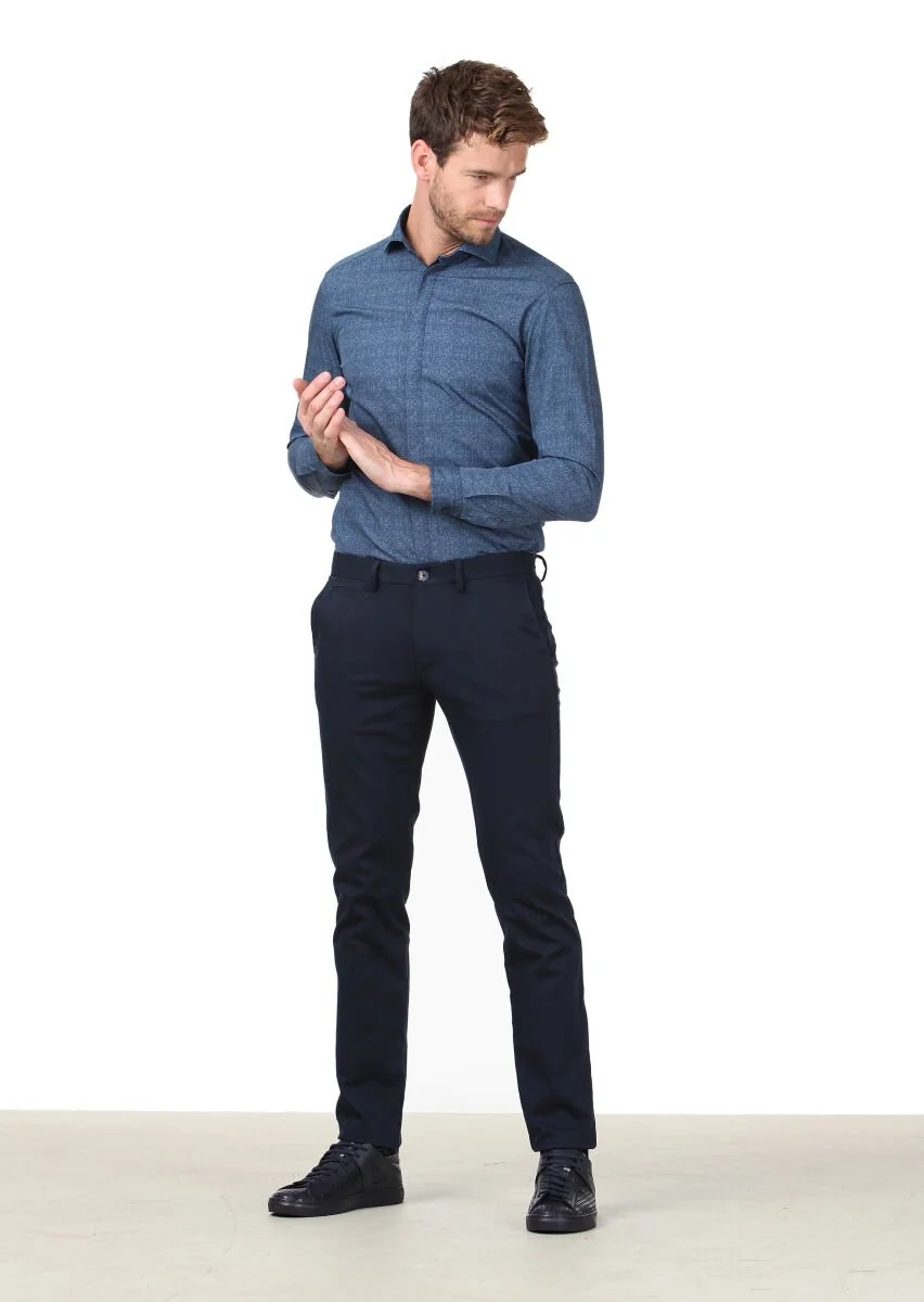 Lacivert Düz Dokuma Regular Fit Casual Pamuk Karışımlı Pantolon - 2